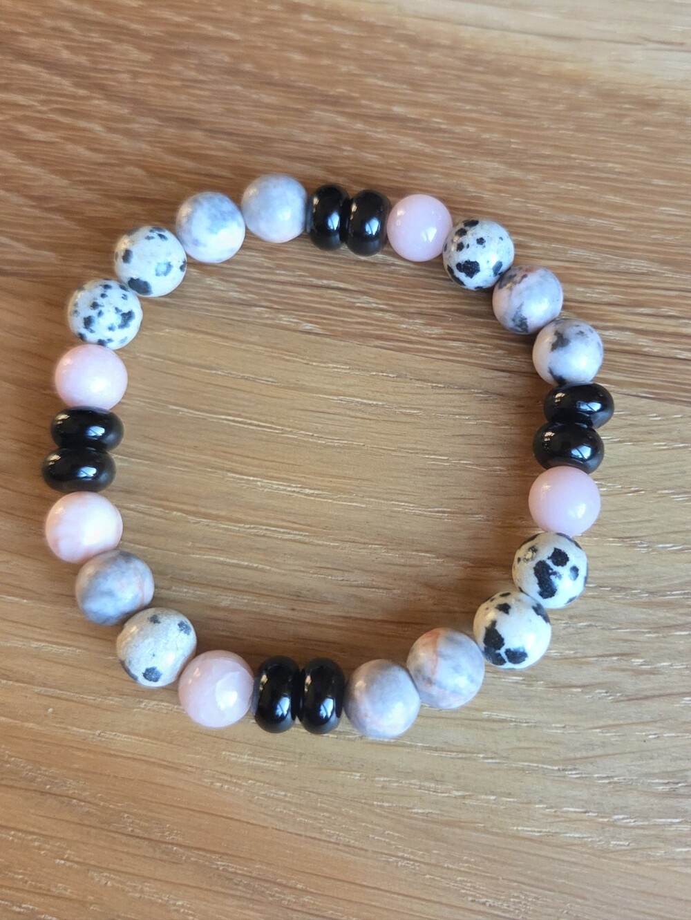 Black Onyx, Dalmatian & Pink Zebra Jasper Beaded Stretch Bracelet | Handmade